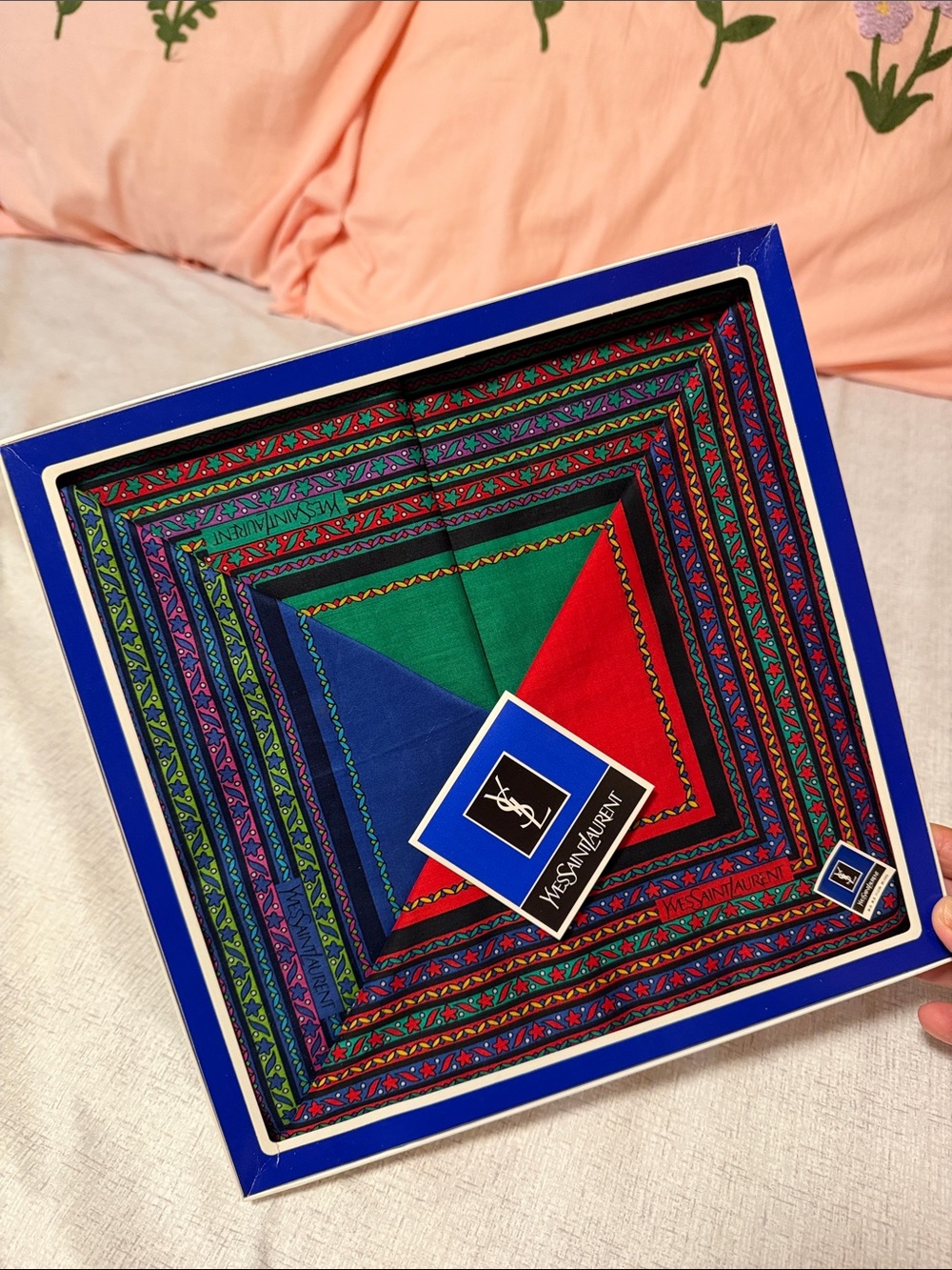 Yves Saint Laurent Vibrant Green Red Blue Framed Scarf